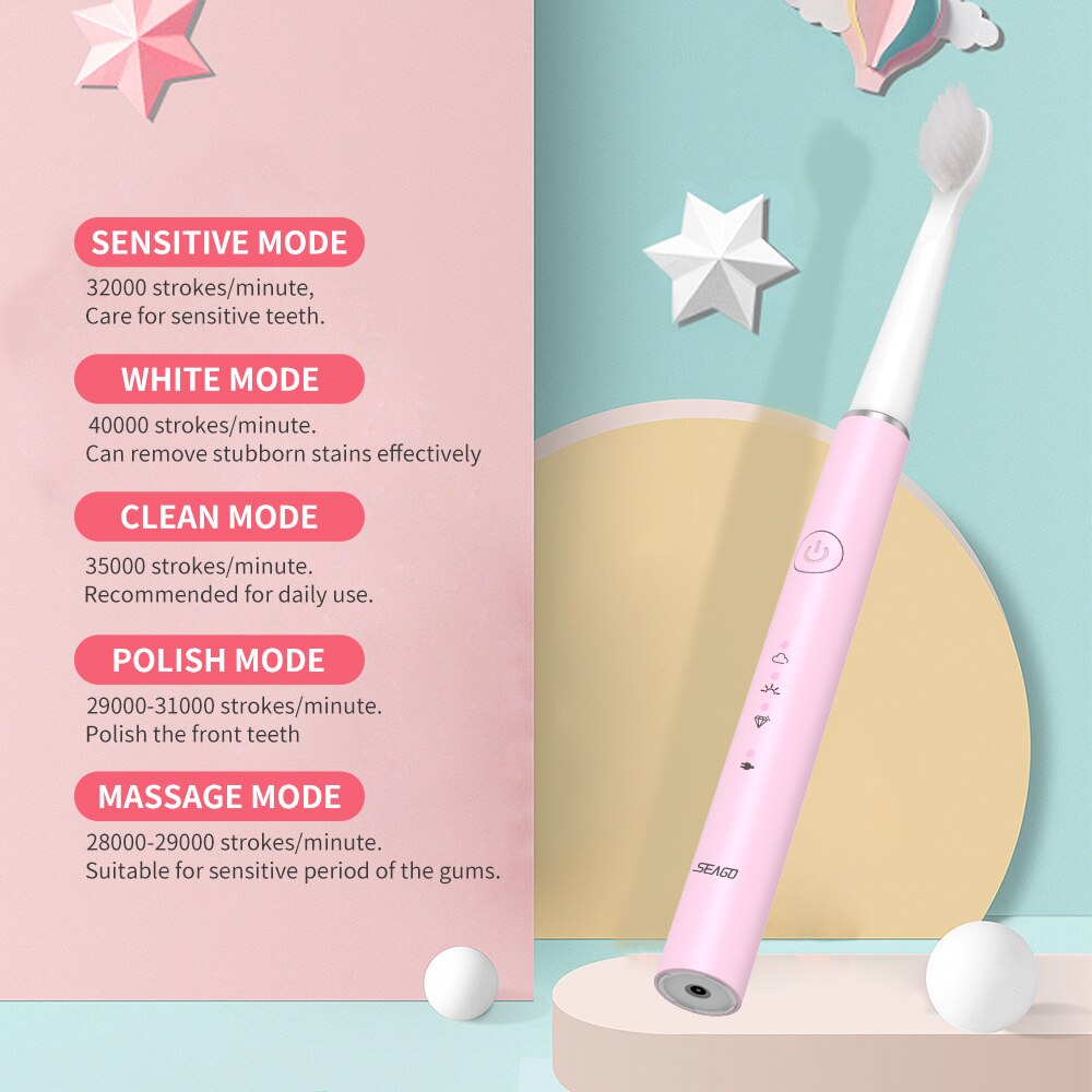 SEAGO-cepillo de dientes eléctrico sónico para adulto, recargable, de viaje, impermeable, electrónico, 8 cabezales de repuesto suaves,