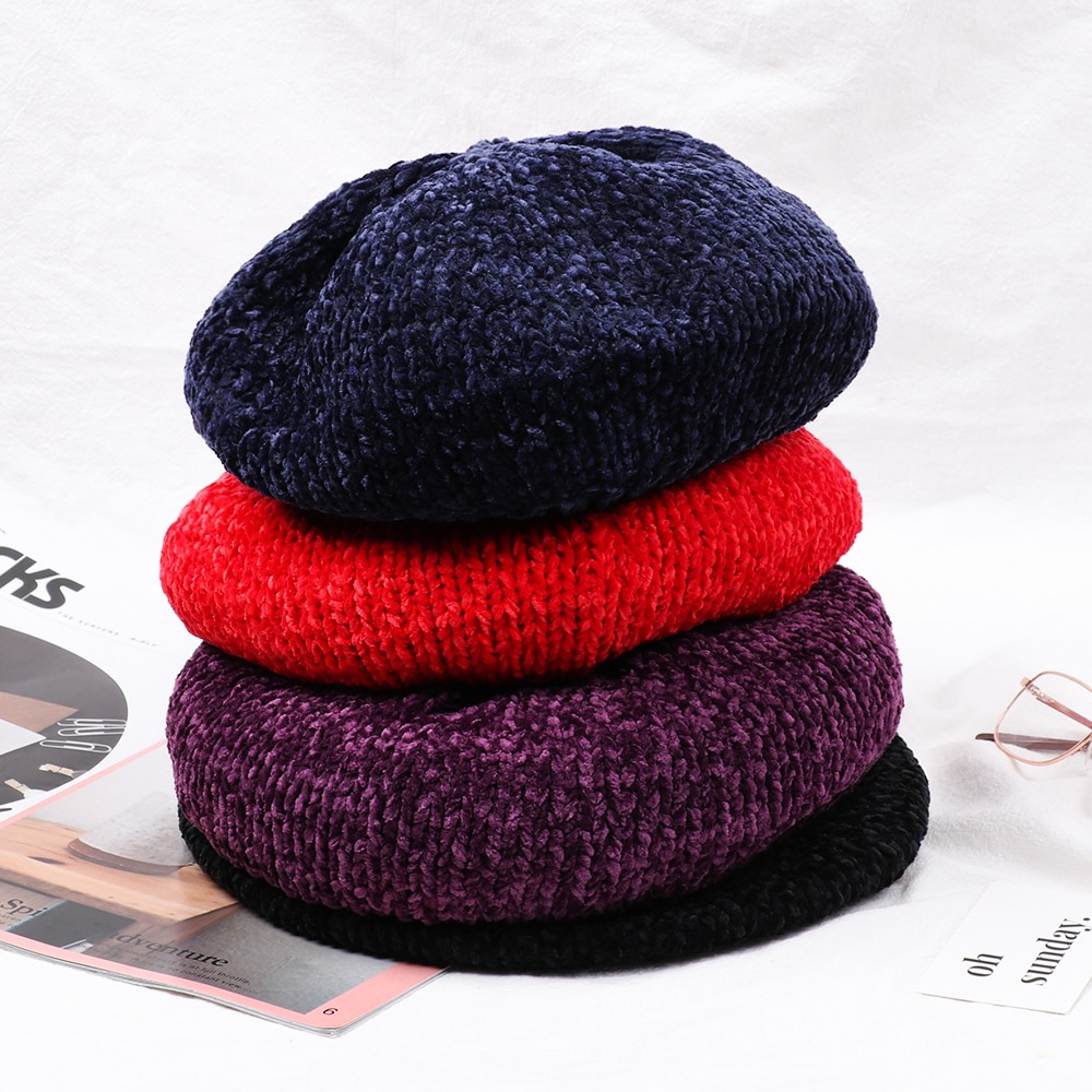 Dames winter baretten hoed chenille vintage stijl baretten dames effen kleur zachte warme mutsen dames eenvoudige mutsen