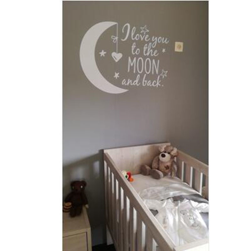 Muurstickers voor baby's en kinderen, maan, sterren, hart, vinyl, verwijderbare quote, ik hou van je tot de maan en terug naar huis.