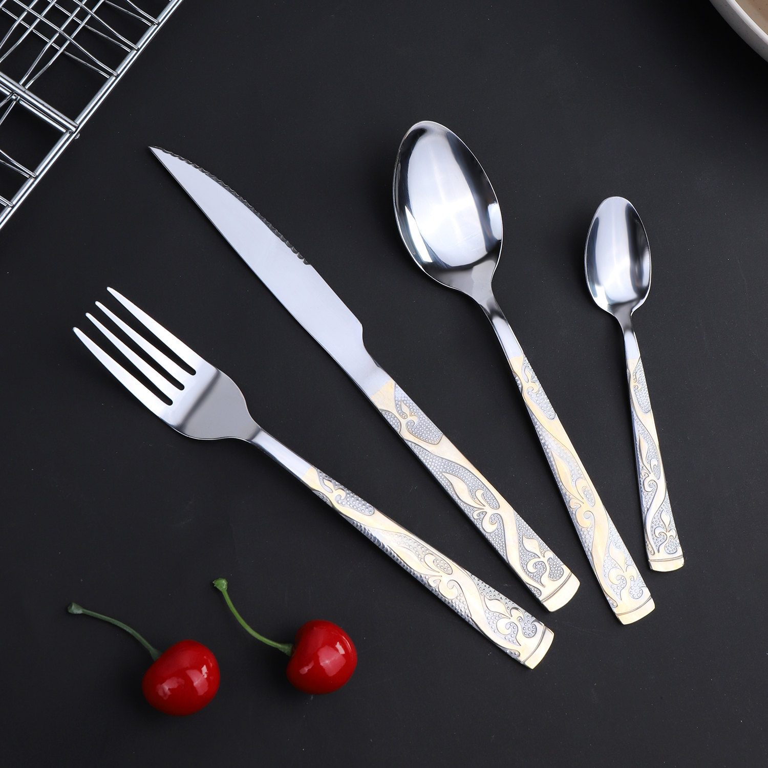 4/24 dele bestiksæt i rustfrit stål knive gafler skeer sølvbestik bordservice køkken restaurantredskaber