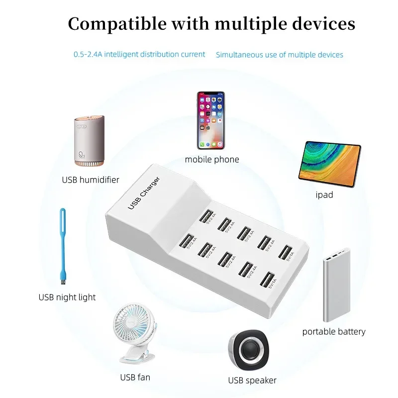 Station de charge USB à 4/10 ports, 50W, 10A, multi-ports, hub USB C, chargeur pour téléphone portable, tablette, prise d'extension multiple