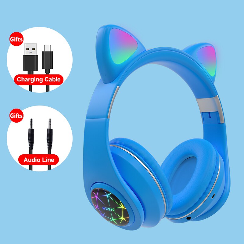 Oreja de Gato auriculares inalámbricos Bluetooth 5,0 RGB auriculares bajo ruido cancelación de los adultos niños auricular de mujer tarjeta de soporte TF Casco Mic: H3-Blue