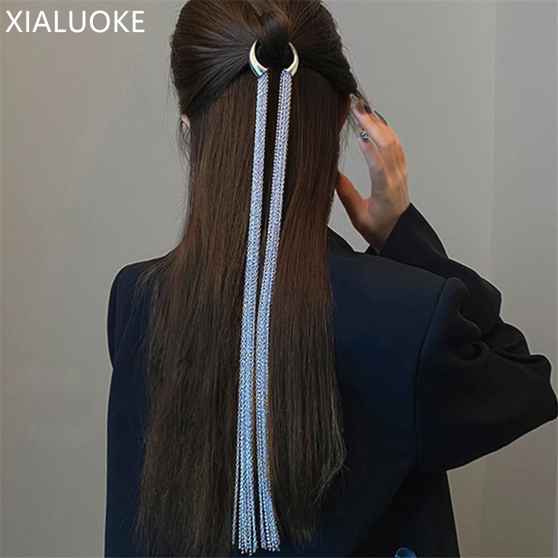 Xialuoke Vintage Hyperbool Geometrische Metalen Ketting Haarspelden Vrouwen Vlecht Hoofdband Lange Tassel Haar Sieraden Bruid Accessoires