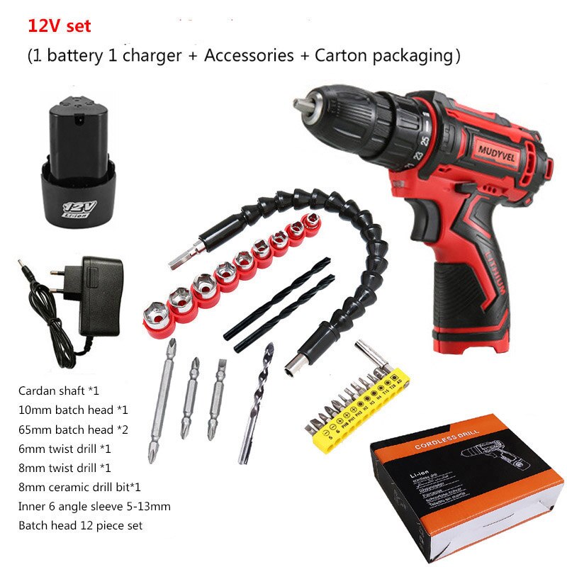 Cordless Screwdriver 12V Power Tools Rechargeable Battery Wider Profesional 3/8-Inch 2-Speed Cordless Mini Drill Electric: 12V set 1 battery
