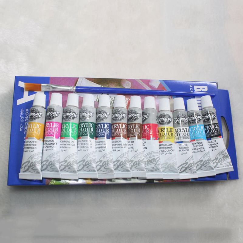 6 ML 12 Colors Acrylic Paints Set Hand Painted Wall Painting Textile Paint Brightly Colored Art Supplies Free Brush