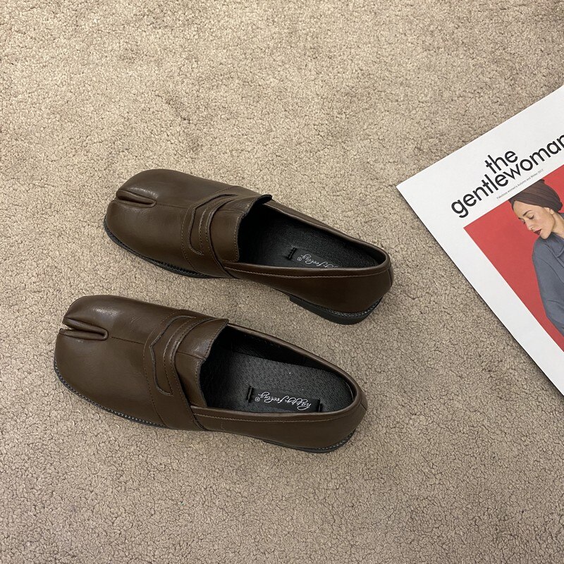 Dames flats met gespleten neus, dikke hakken, derbyschoenen, dames oxfords, zachte onderkant, tabi ninia schoenen voor dames, ondiepe instappers: Koffiekleur / 5