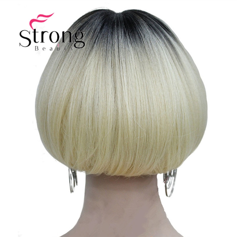 StrongBeauty Neat Bang Korte Bob stijl Pruik Blonde Ombre En donkere Wortel Synthetische Natuurlijke Volledige Pruiken