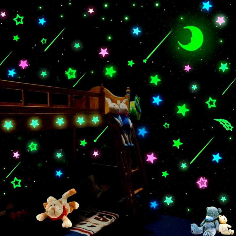 100Pcs 3D Kids Slaapkamer Fluorescent Glow In The Dark Pijl Sterren Sneeuwvlok Moon Glow Muurstickers Sterren Lichtgevende Glow sticker