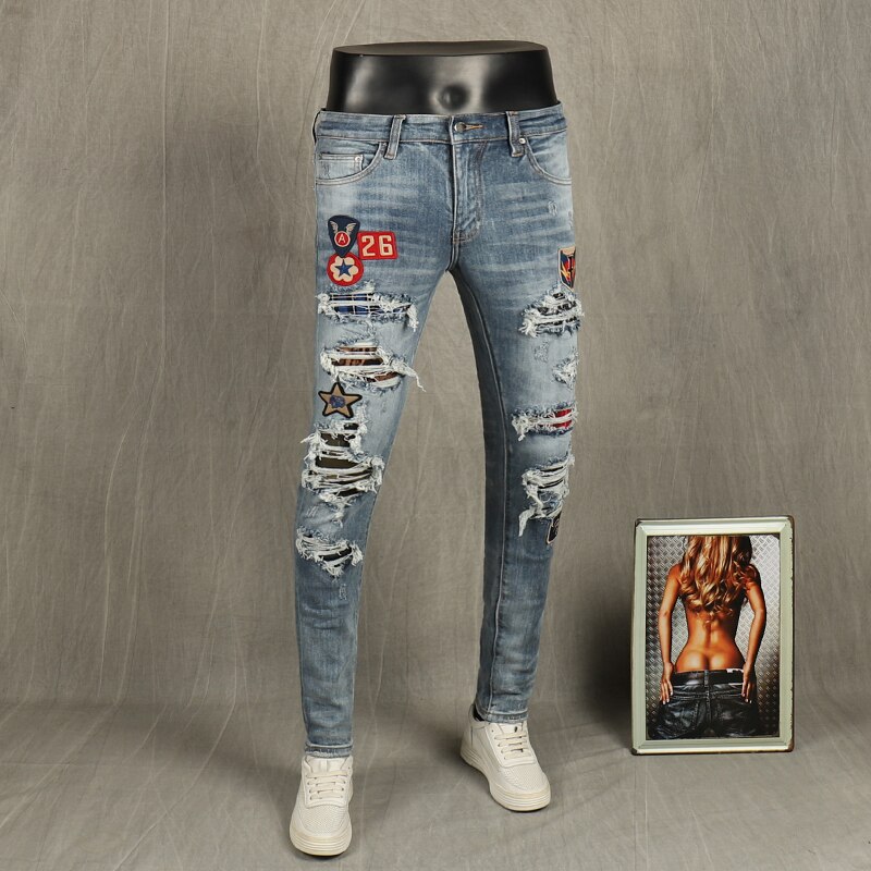 Streetwear mænd jeans elastisk slim fit revet punk bukser retro blå patches hip hop lange bukser
