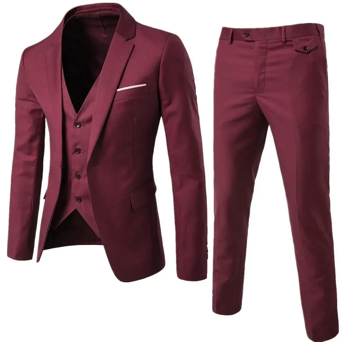 Trajes informales de negocios para hombre de cuatro estaciones, tres piezas, chaleco de un solo pecho con cuello en V, chaqueta de traje de un solo botón + pantalones de trajes