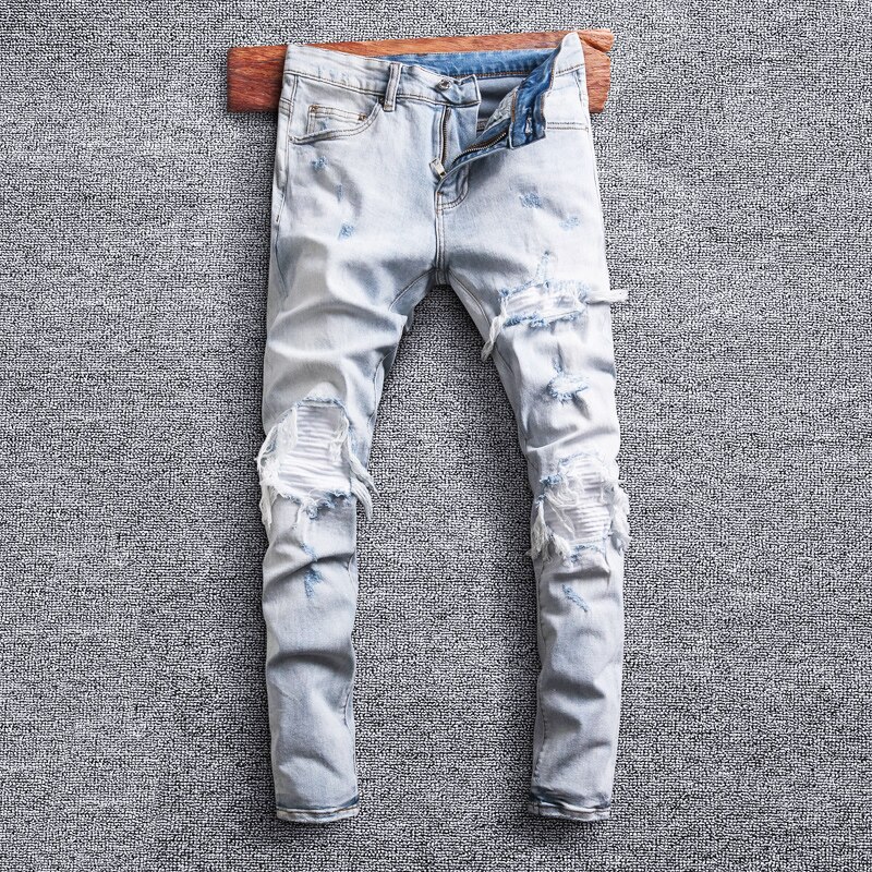 Street Style Men Jeans Retro Light Gray Blue Elastic Slim Fit Ripped Jeans Men Patches Hip Hip Denim Punk Pants: 29(Chinese Size)