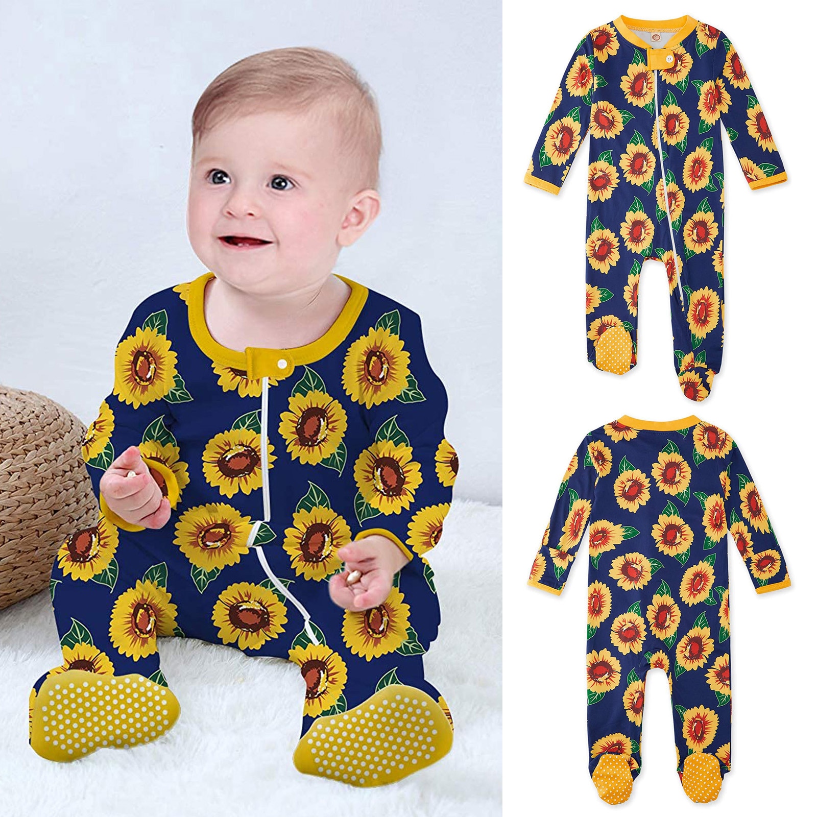 Bebê infantil meninos meninas girassol impressão pijama sleeper footed zip macacão algodão manga longa roupas do bebê bebek giyim