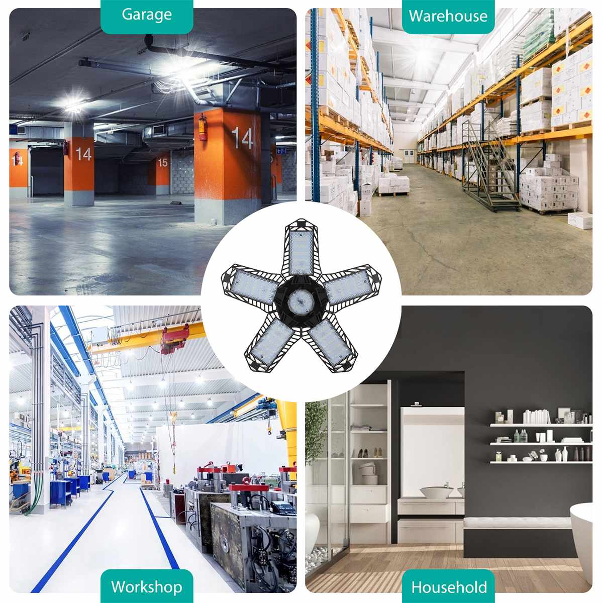 5 Adjustable Panels LED Garage Light E27 Deformable Ceiling Light 10000LM For Shop/Storage/Warehouse Workshop Lighting