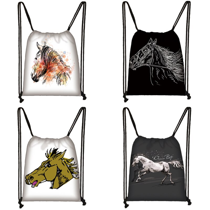 Cavalo impressão drawstring saco de viagem feminina adolescente escola saco marrom menina e menino mochila moda feminina sacos de armazenamento to54632