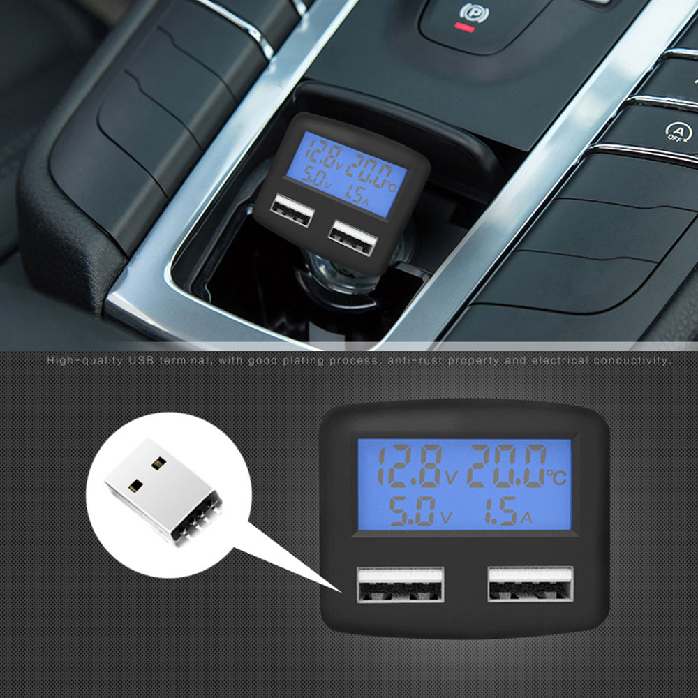12v bil led digital voltmeter dobbel usb sigarettenner lader adapter 5 in 1 auto bil lcd panel termometer temperaturmåler