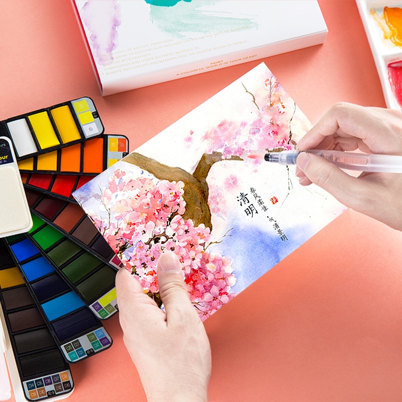 Superior 42Colors Big Set Solid Watercolor Paint With Water Brush Pen Foldable Travel Water Color Pigment For Beginner Student
