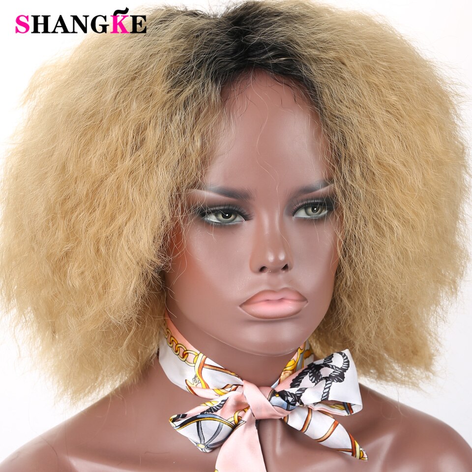 Kort afro kinky lockigt fluffigt hår mörka rötter ombre svart bruna peruker för afroamerikanska kvinnor värmebeständig syntet