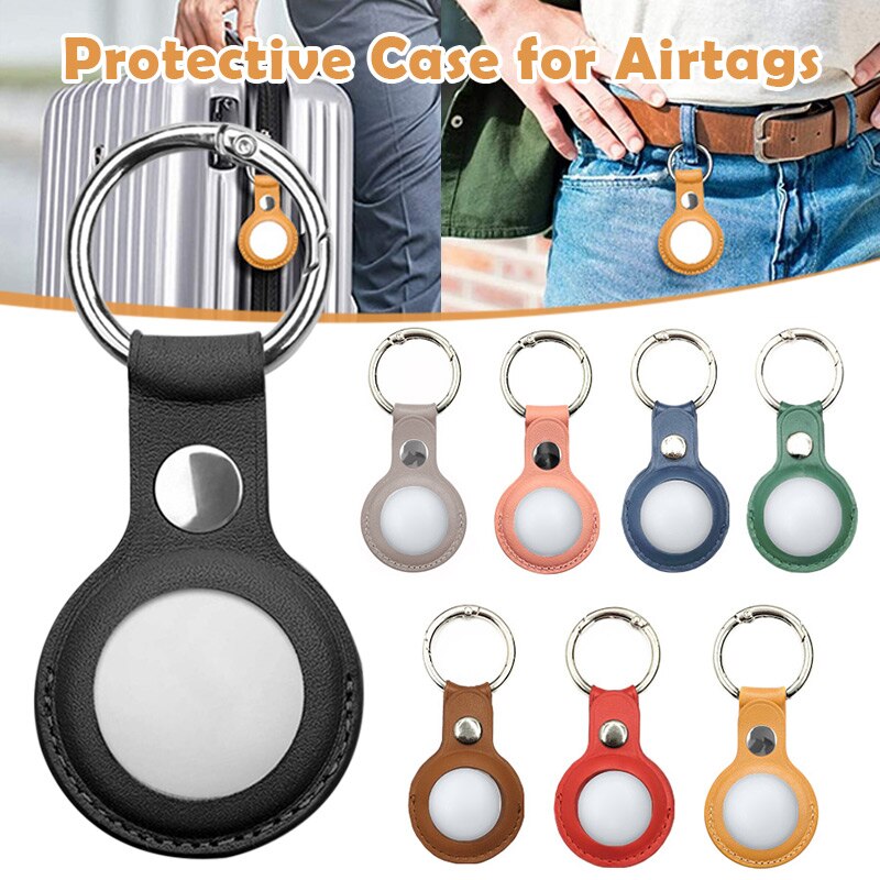 For Airtags Hanging Buckle Anti-lost Protective Cover PU Leather Holder with Key Chain Easy Attach to Key HSJ88