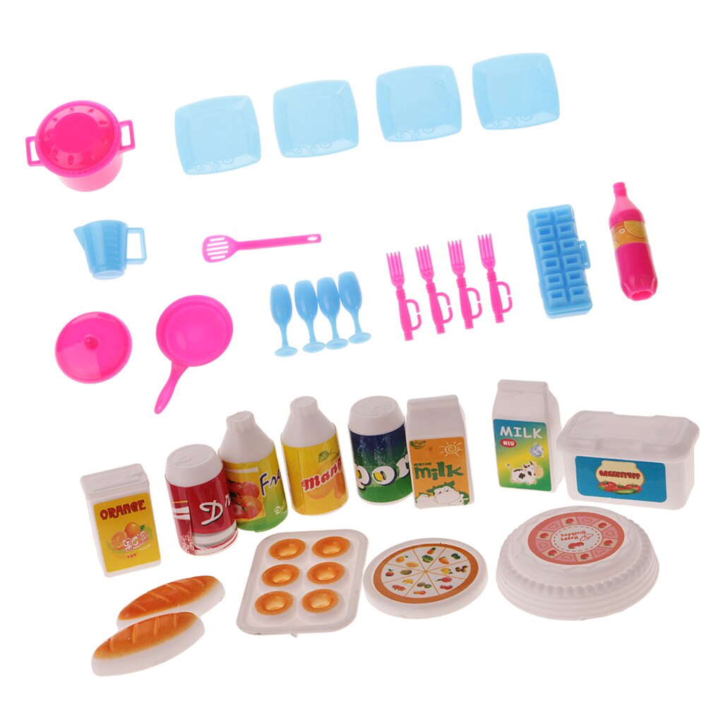 30pcs Dollhouse Plastic Kitchenware & Food Set for Doll Accessories