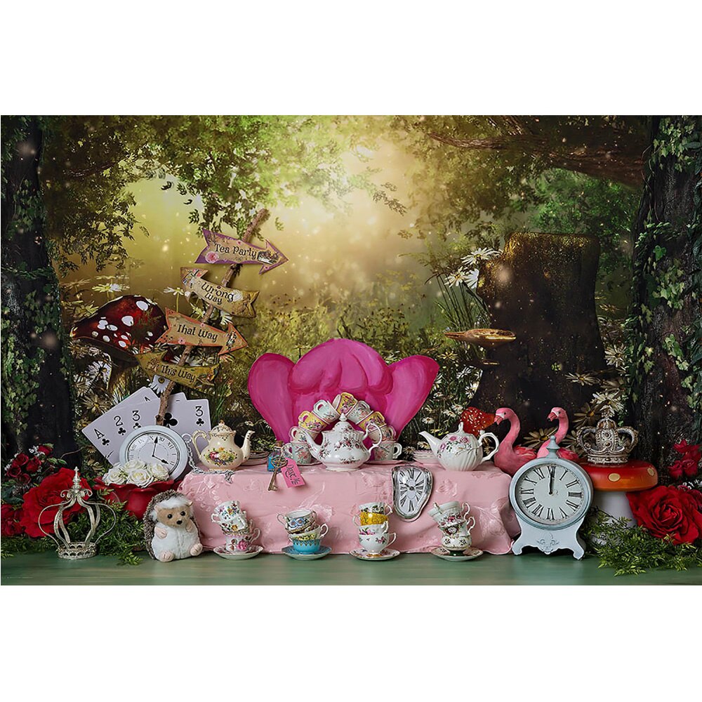 Sprookje Prinses Een Verjaardagstaart Smash Achtergrond Alice Wonderland Thee Party Achtergrond Fotografie Dromerige Bos Photocall