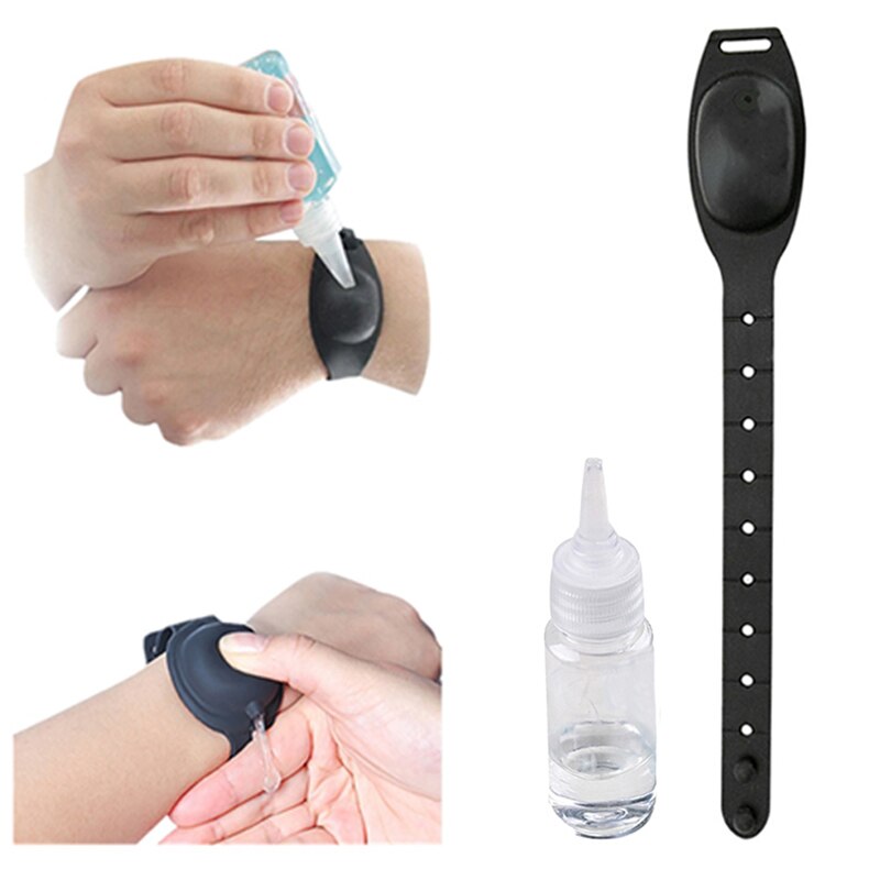 1Set Reusable Wristbands Hand Sanitizer Dispensing Portable Bracelet Liquid Wristband Hand Dispenser Wrist Support with A Bottle: Black