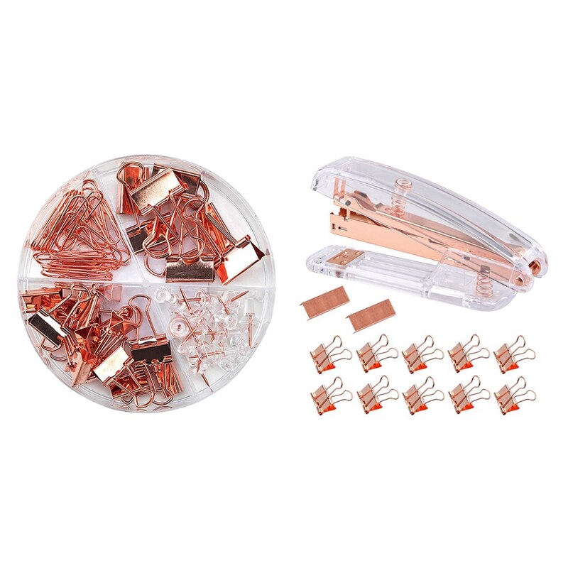 2 set kontorstillbehör : 1 set pärmklämmor gem med kartong & 1 set roséguld skrivbordshäftare