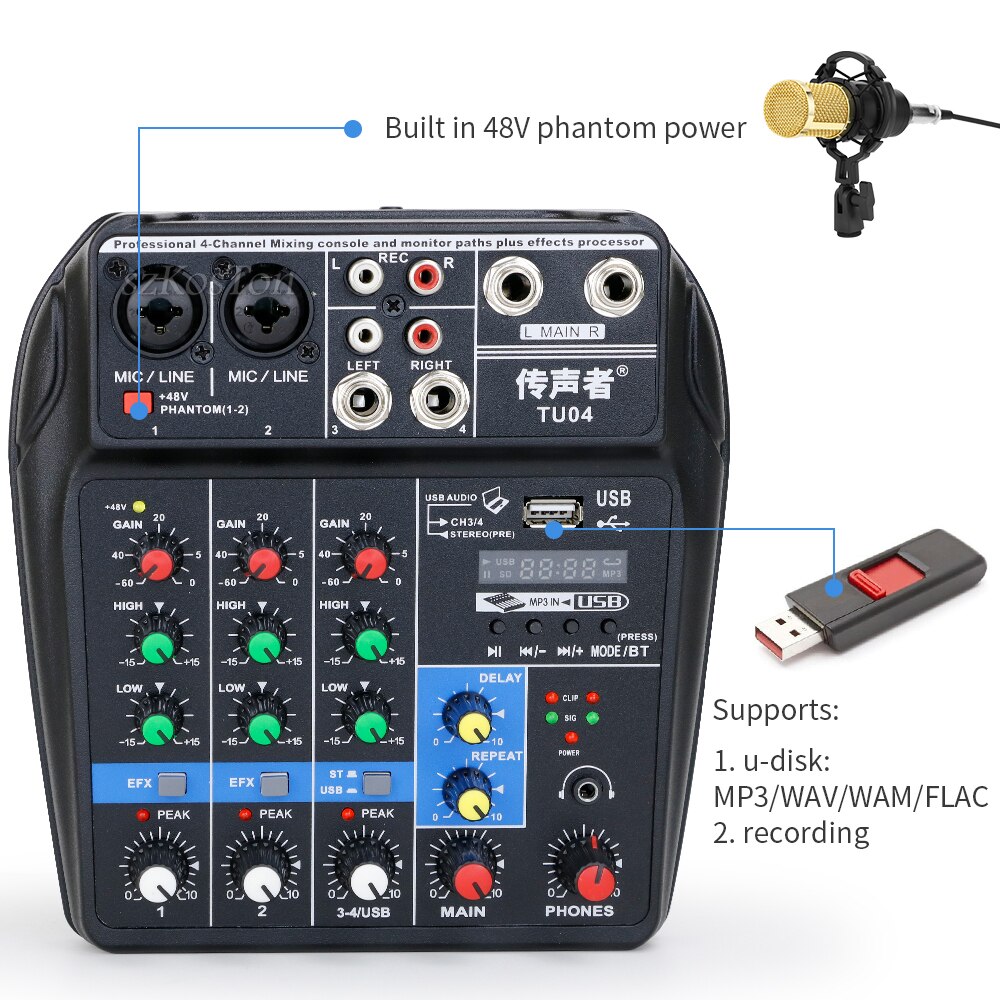 4 kanalers mixerpult bluetooth lydkort dj audio interface usb lyd mixer mikrofon 48v phantom power