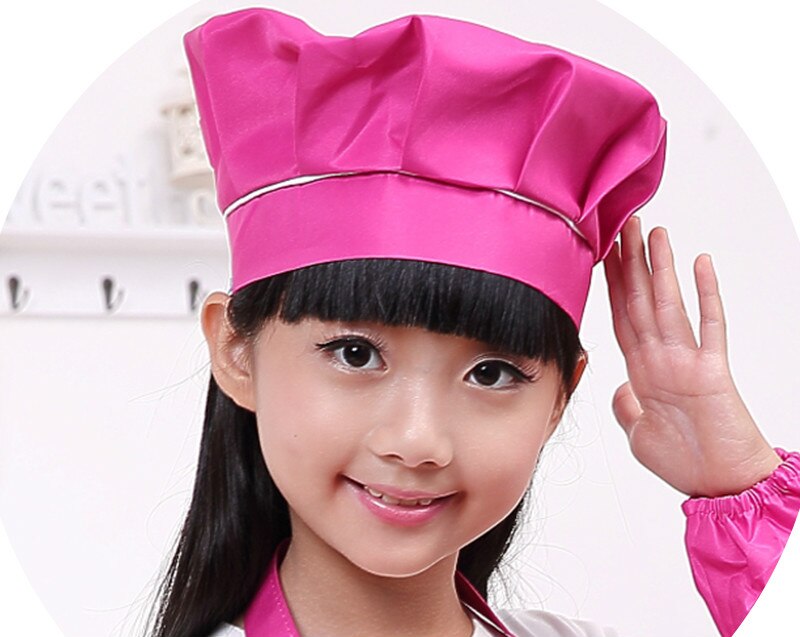 Kid Chef Hat Children's Baking Hat Cute Girls Boys Food Service Kitchen Work Caps Solid Pleated Top Painting Hats: Rose red