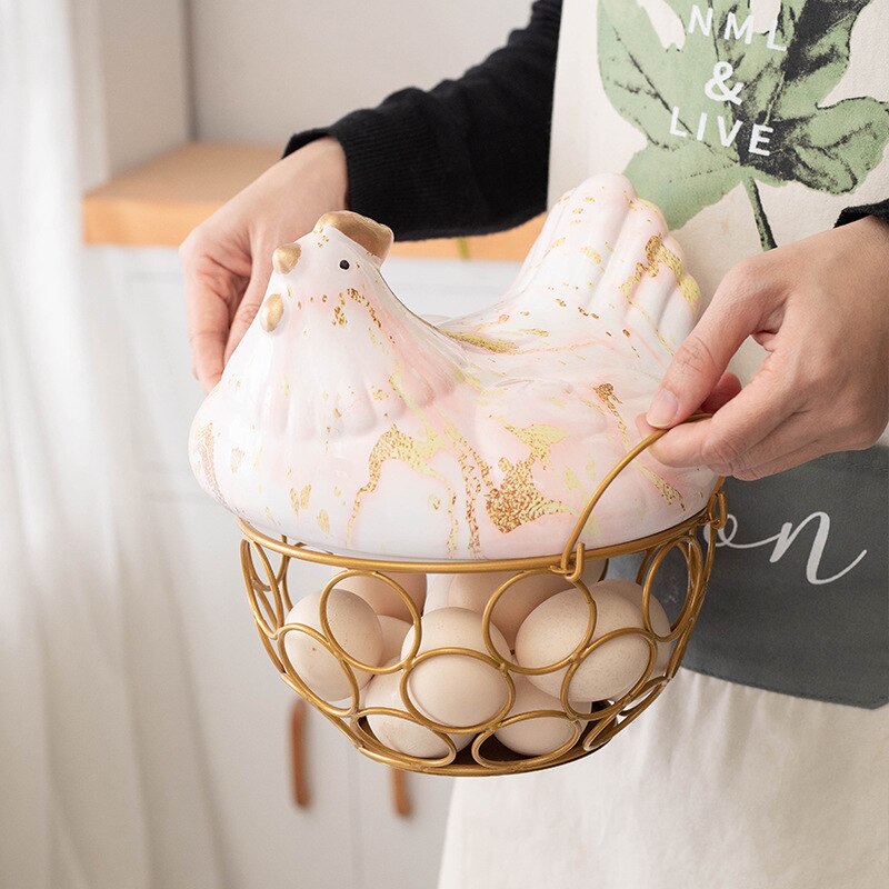 Poignée porte-œuf en céramique, poulet en métal, ornement de maison, boîte de rangement de fruits, panier de rangement en osier pour organisateur de cuisine