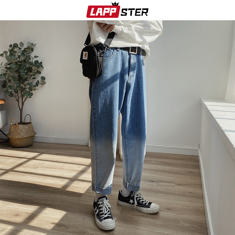 LAPPSTER Men Gradient Color Blue Jeans Pants Mens Japanese Streetwear Denim Pants Male Patchwork Fashions Harem Pants 5XL