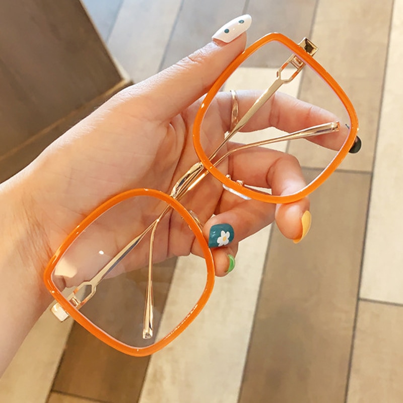 Anti-blå lyse computerglas til kvinder mærke legering firkantede klare briller stel kvindelig nærsynethed briller grøn orange: Orange klar