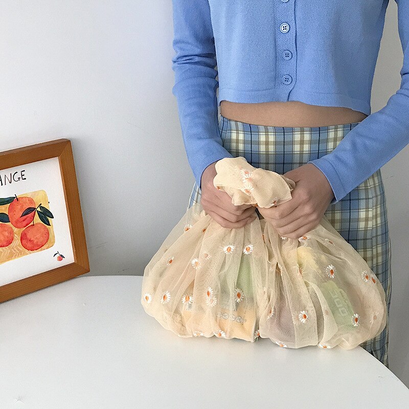 Margarita is embroidered on women's transparent small cloth bag, and mini bag is decorated with high organic fruit: Yellow Check Daisy