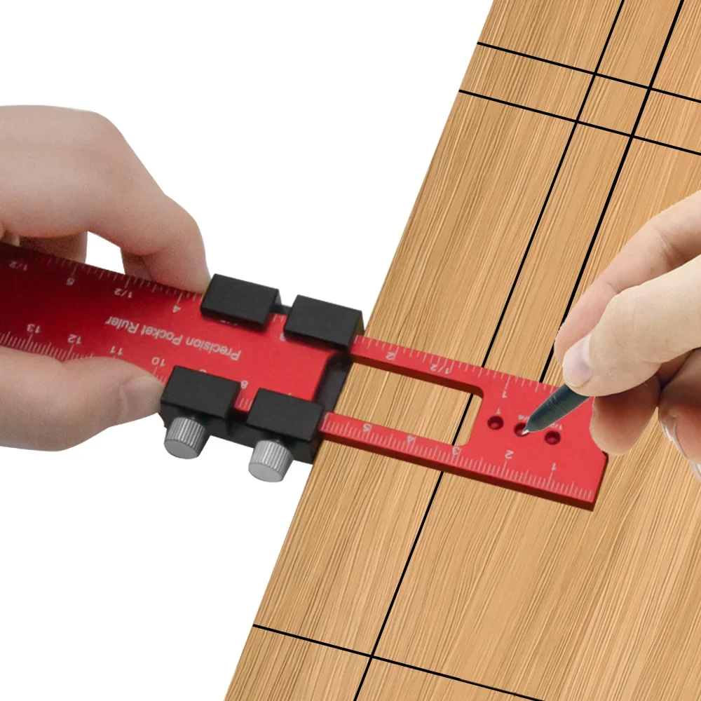 Houtbewerkingsgereedschap Liniaal-Pocket Liniaal Lay-Out Tool Aluminium Precisie Liniaal Met T-Track Metalen Schuifstops, Inch En Metrische Schaal