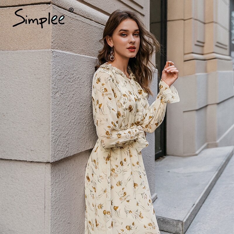 Simplee Elegante Bloemenprint Herfst Winter Vrouwelijke Jurk Causale Lace Up Lange Mouw Print Jurk Mode Vrouwen Jurk