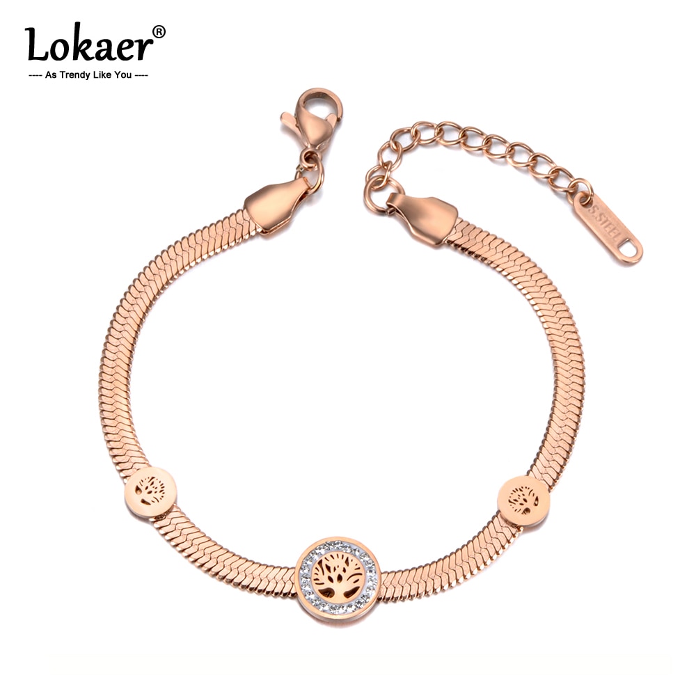 Lokaer Trendy Clay Crystal Tree Charm Bracelets For Women Stainless Steel Snake Chain Bracelet Jewelry For Christmas B19045