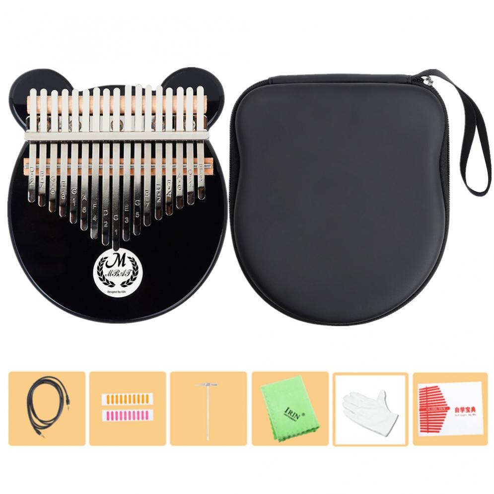 Kalimba 17 Key Electroacoustic Kalimba Crystal Black Bear Face Shape Thumb Piano Mbira with Storage Case