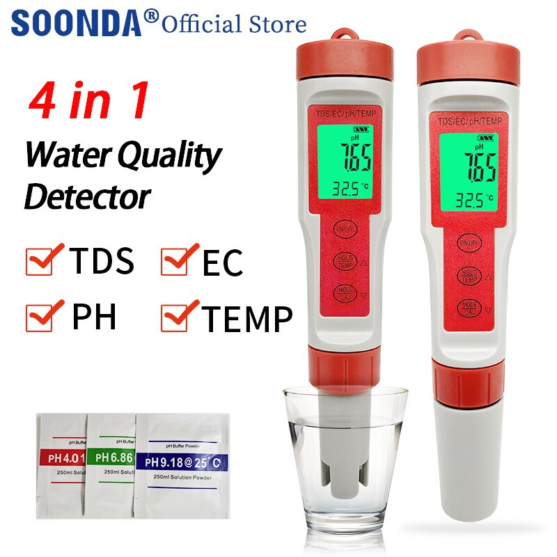 4 in 1 Water Detector PH Meter EC Meter TDS Tester Water Temperature Gauge Tap Water Test Pen