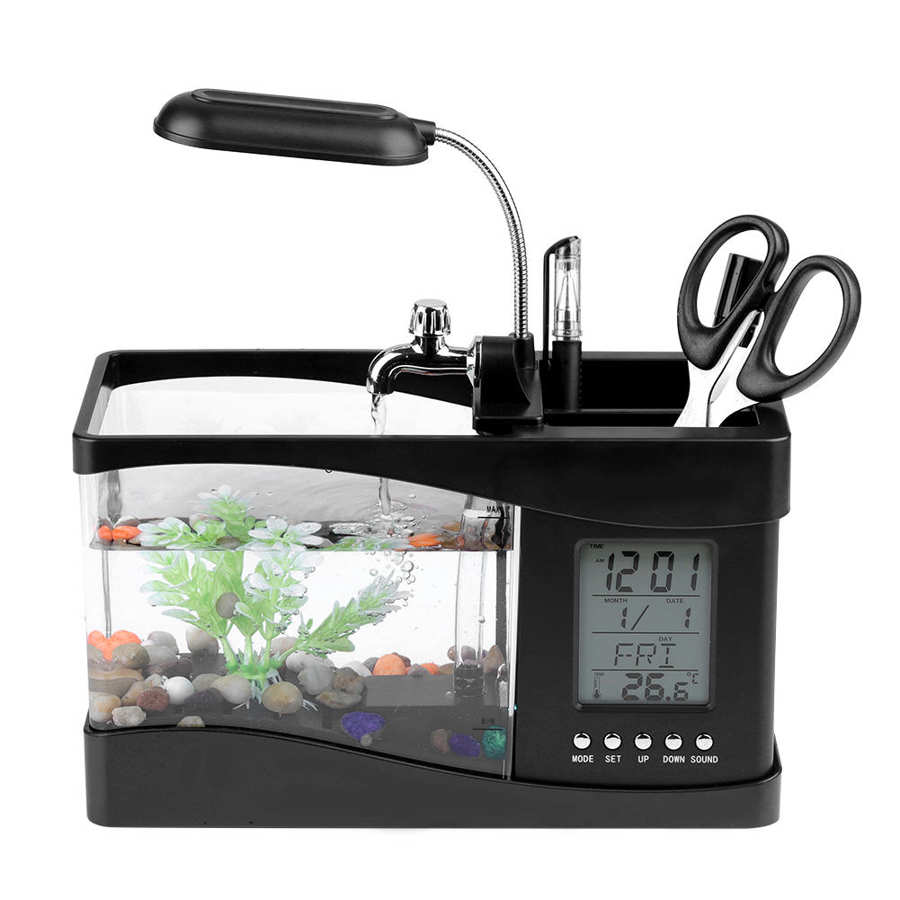 USB Desktop Mini Aquarium Fish Tank Multifunctional Aquarium with Clock Function LED Light Suspended for living room office
