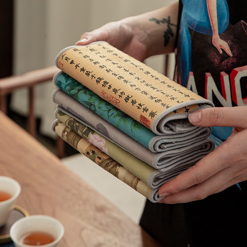 Painted Tea Towel Absorbent Rag Thickened Table Cleaning Chinese Tea Ceremony Household Kitchen Cleaning Towels Tea Accessories
