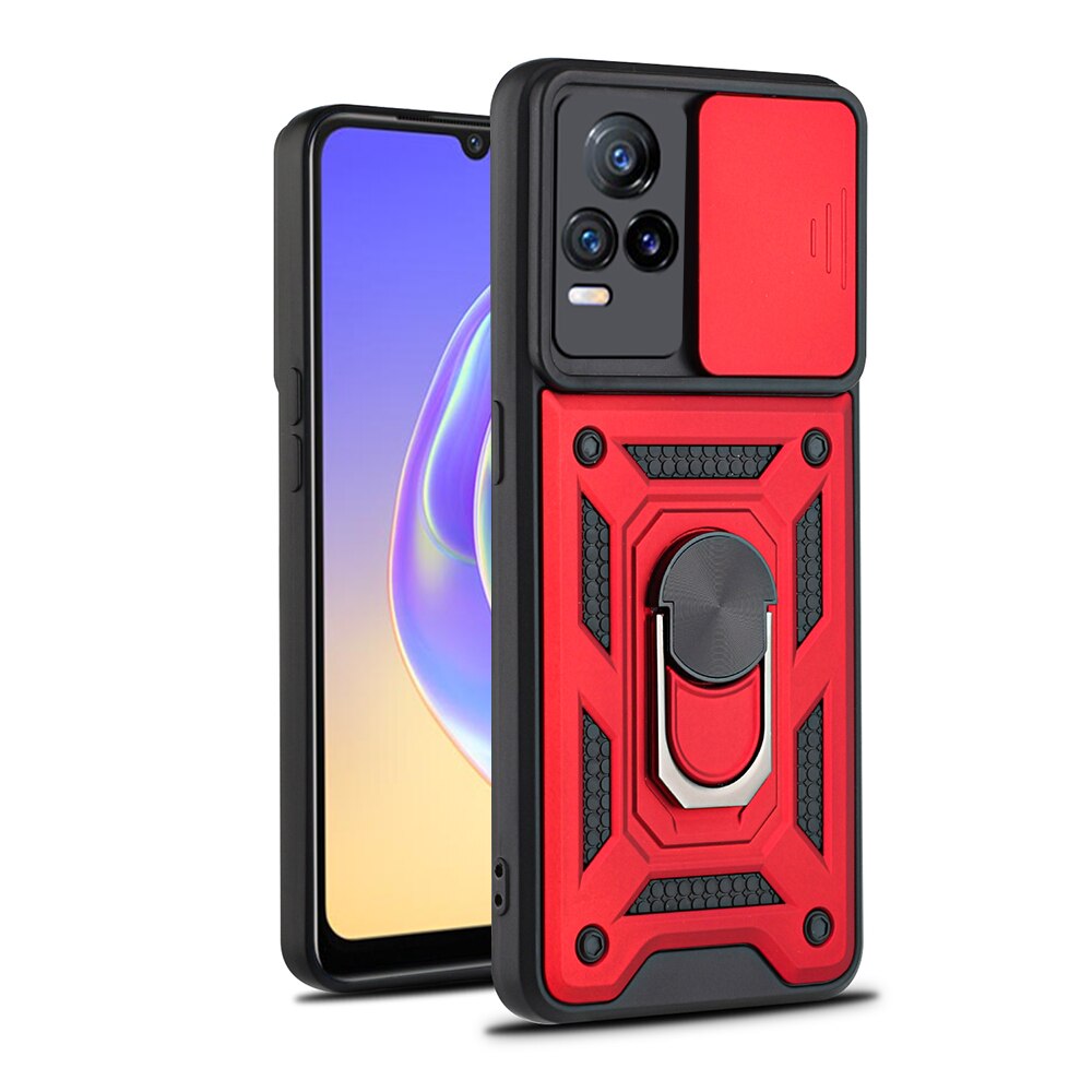 Stoßfest Stand Ring Fall Für VIVO V21e 4G Push Pull Kamera Schutz Telefon Zurück Abdeckung Shell Fundas Für VI VO V 21e 21 e 6.44&quot;: For VIVO V21e 4G / Red