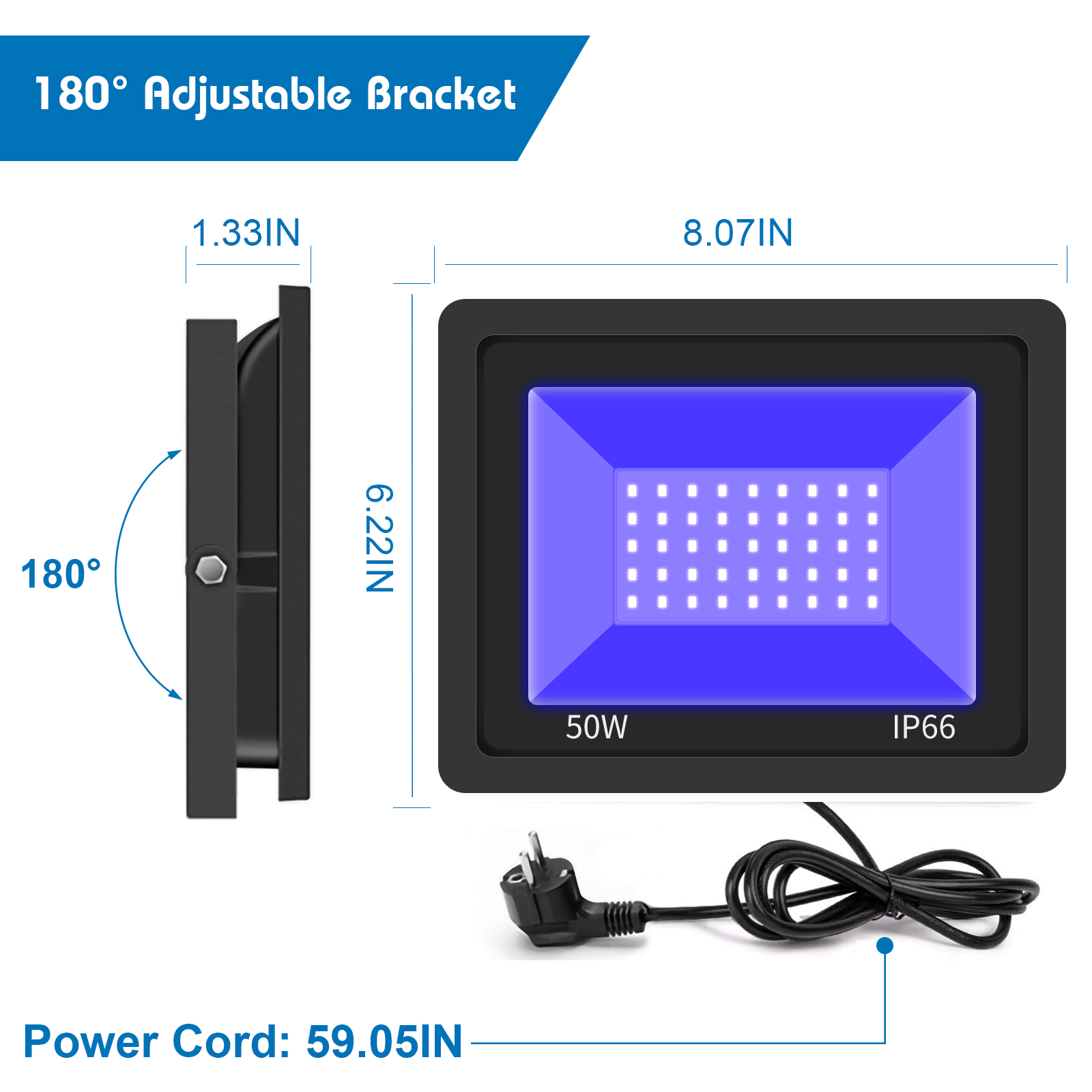 Luz de inundación UV LED 30W reflector 365 nm, foco UV impermeable IP66 efecto de luz ultravioleta con interruptor de encendido/apagado para , DJ