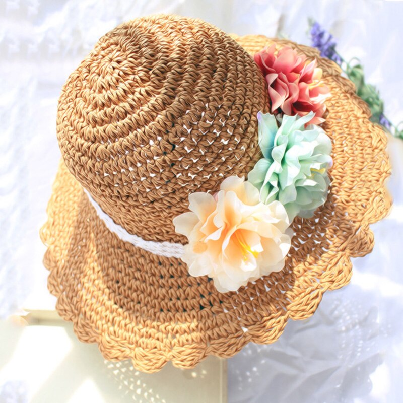 Summer KTFGS Floral Straw Hats Fedora Hat Children Visor Beach Sun Hat Wide Brim Floppy Beach Sun Visor Hat with Flowers, Khaki: Default Title