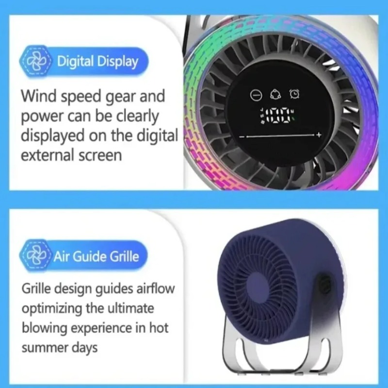 XIKCU Adjustable Gears Fan Portable Wall Hanging Fan with Colorful Lamp Intelligent Temperature Control Digital Display Fan