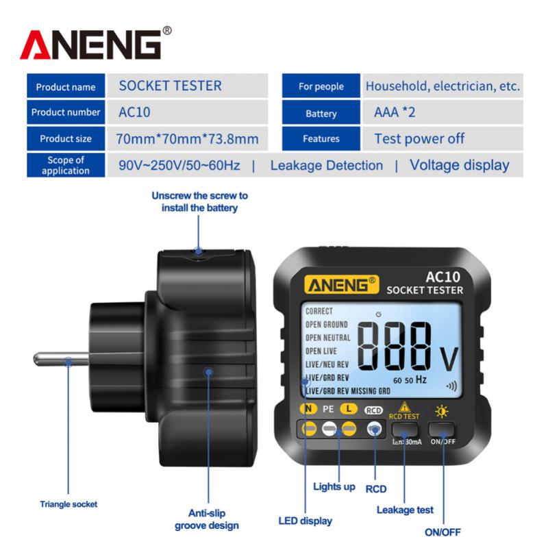 ANENG AC10 Socket Tester US/EU Plug Detector Zero Line Plug Polarity Phase Check Phase Detector Plug Multimeter Digital Tester