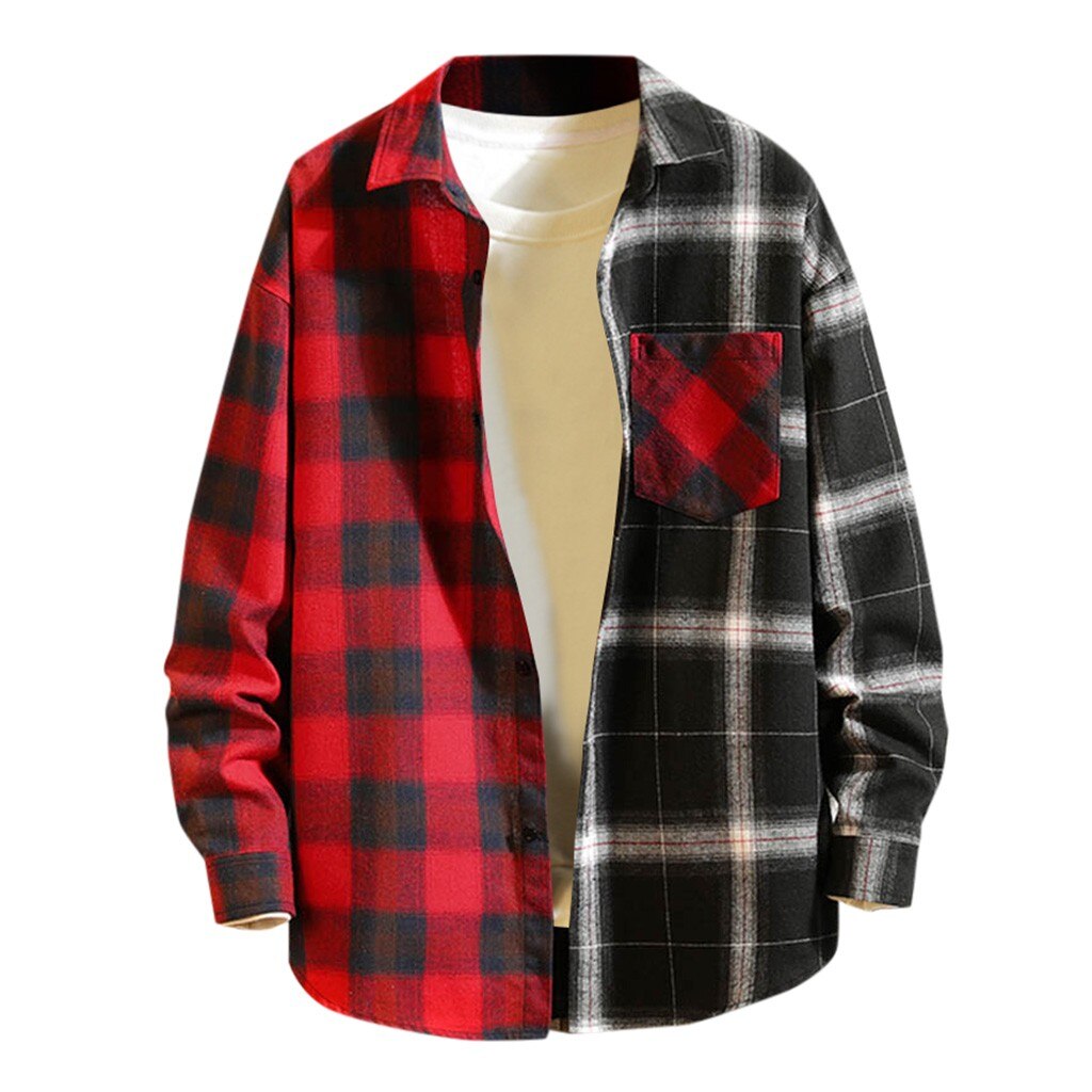 Koszule męskie jesień Plaid Patchwork koszula z guzikami człowiek malowanie Top na co dzień mężczyzna kołnierz na dół bluzka biznes płaszcze casualowe 19Nov07