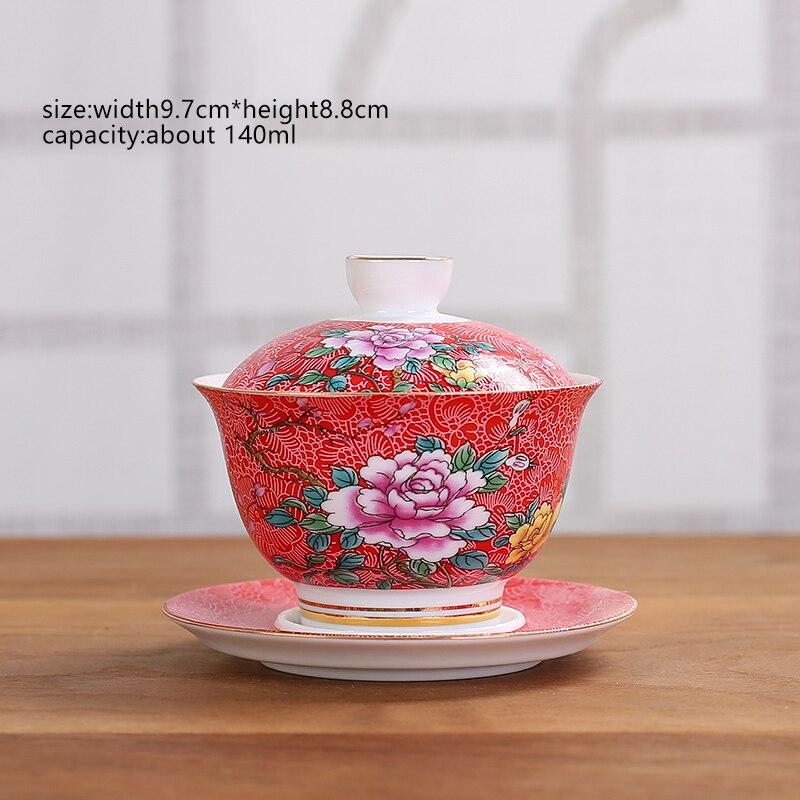 Cuenco de té de porcelana de cerámica con flores, 145ml, juego de platillo con tapa, esmalte, taza maestra Gaiwan china, vajilla de