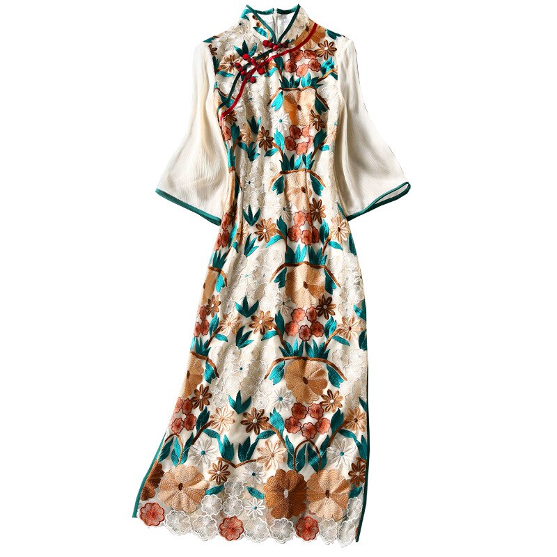 Mandarin collar embroidery party vintage luxury cheongsam dress: M