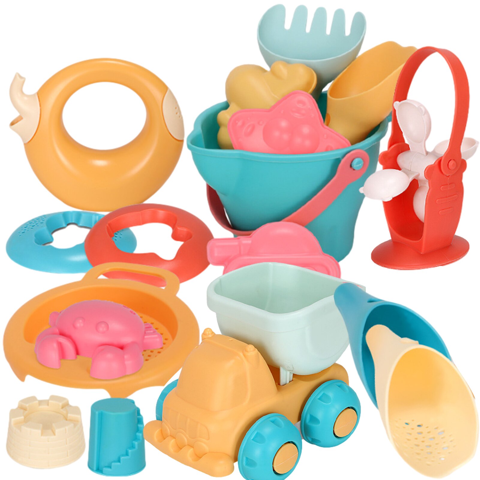 Juguetes de playa para niños, kit de juguetes playeros infantiles, baldes, palas, caja de arena, rastrillo, animales marinos de goma suave para niños pequeños, 5-17 uds.