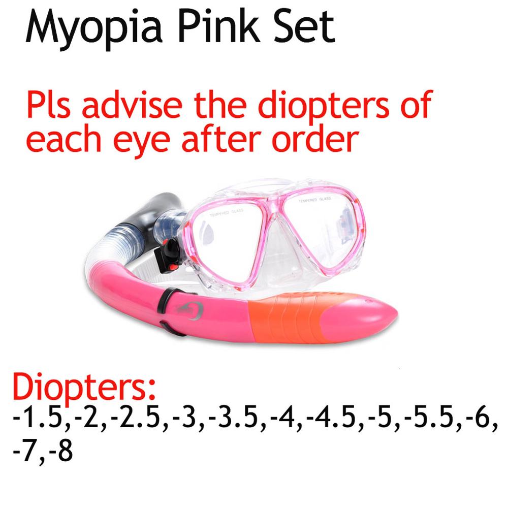 YONSUB myopia tempered dive optical lens mask scuba diving mask snorkel set underwater anti fog and tube diving equipment: Myopia Pink Set