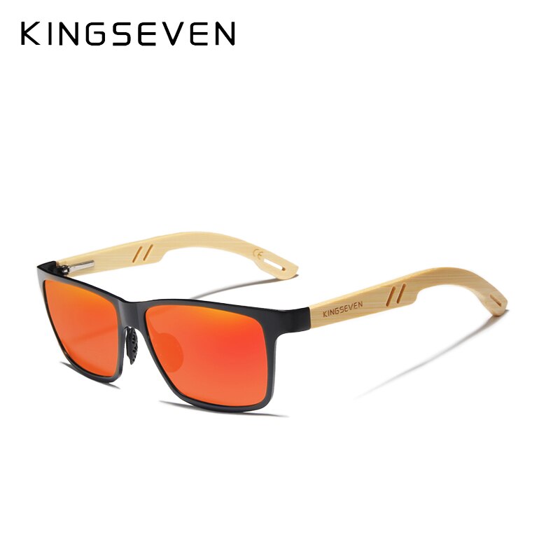 KINGSEVEN Polarized Aluminum+Bamboo Natural Wooden Handmade Sunglasses Men UV400 Eyewear Women Sun Glasses: Mirror Red Bamboo